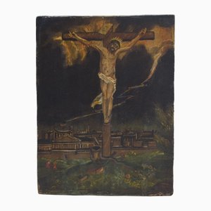 Icona ecclesiastica dell'inizio del XIX secolo con Cristo in croce in olio su tavola