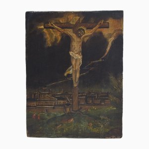 Icono eclesiástico de principios del siglo XIX con Cristo en la cruz al óleo sobre tabla