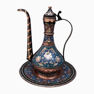 Handmade Ewer and Bowl Set in Carved Copper