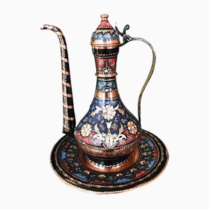 Handgefertigtes Kannenset mit Blumenmuster in Grün und Blau mit Teller