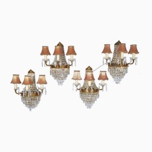 French Hollywood Regency Brass, Crystal and Gilt Wall Lights, 1940s, Set of 4