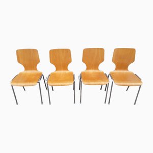 Vintage Chrome-Plated Tubular Steel Stacking Chairs with Seat and Back in Yellow-Brown Beech Plywood, 1970s, Set of 4