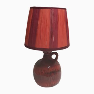 Vintage Table Lamp with Ceramic Base in Red Gradient Glaze & Matching Handmade Raffia Shade by Lamplove, 1970s