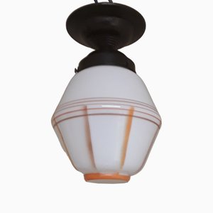 Kleine deutsche Art Deco Deckenlampe mit orangem & weißem Glasschirm & brauner Bakelit Halterung, 1920er