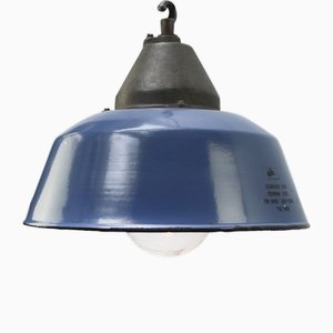 Lampe à Suspension Industrielle Vintage en Émail Bleu et Fonte