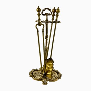 Herramientas para chimenea estilo barroco vintage de bronce, Francia, años 50. Juego de 4