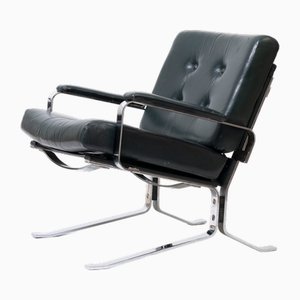 Lounge Chair in Green Leather and Chrome in the style of Olivier Mourgue, 1970s