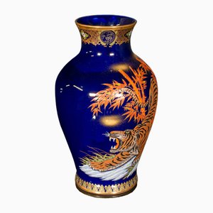 Vintage Chinese Tiger Vase in Blue Lacquered Ceramic, 1980s