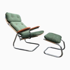 Butaca Mid-Century de estilo Bauhaus con otomana. Juego de 2