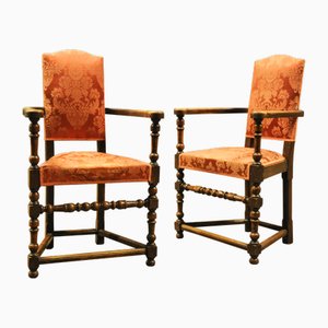 English Style Oak Turned Elbow Chairs in Red Damask, 1890s, Set of 2