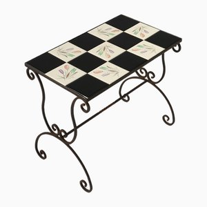 Italian Side Table with Wrought Iron Base and Decorated Ceramic Tales, 1950s