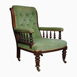 Victorian Open Frame Button Back Library Armchair in Green Velvet with Porcelain Castors & Spindle Arms