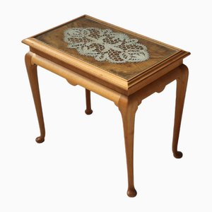 French Side Table in Beech with Lace Inlay and Glass Top, 1950s