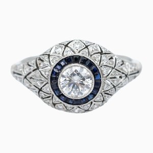Art Deco Platinum Ring with Diamonds and Sapphires, 1950s
