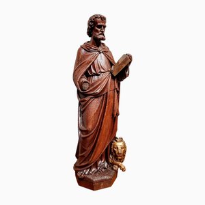 Niederländischer Künstler, Handgeschnitzte Heilige Statue des Evangelisten Marcus, 17. Jh., Eiche