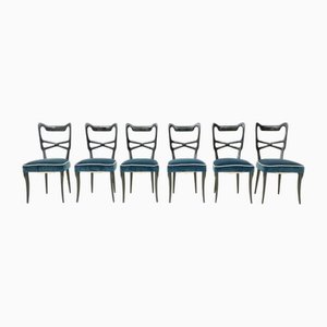Vintage Italian Blue Velvet Dining Chairs in the style of Ulrich, 1950s, Set of 6