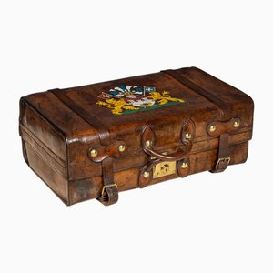 Valise Victorienne Antique en Cuir avec Blason Peint, 1850s