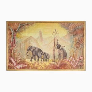 P Dupont, Familia de elefantes, 1960, óleo sobre lienzo, enmarcado