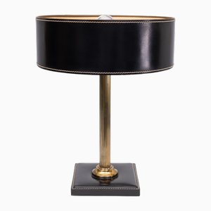 Clad Table Lamp in Black Leather by Jacques Adnet, France, 1960s