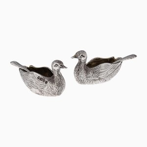 Duck-Shaped Silver Salt Cellars and Spoons, London, England, 1982, Set of 4