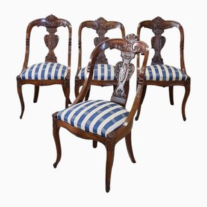 Dining Chairs in Carved Walnut, Early 19th Century, Set of 4