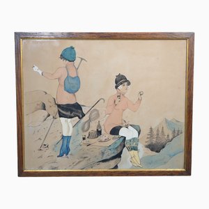 Artista di scuola francese, Il picnic degli alpinisti, Disegno a china e acquerello, XX secolo, Con cornice