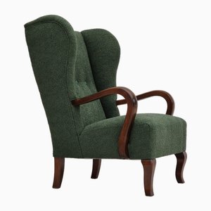 Sillón de orejas alto danés de tela verde botella y madera de haya, años 50