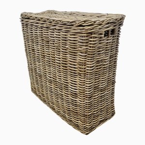 Vintage French Wicker Laundry Basket with Lid, 1920s