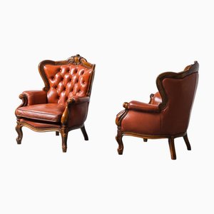 Leather and Wood Armchairs, 1950s, Set of 2
