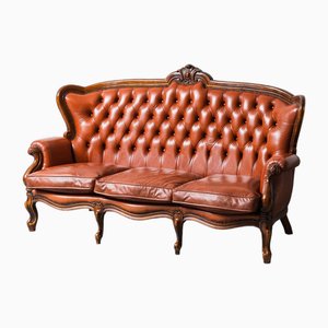 3-Seater Sofa in Wood and Brown Leather, 1950s