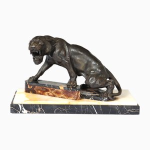 Art Deco Tiger, 1930, Patinierte Bronze auf Marmor und Onyx