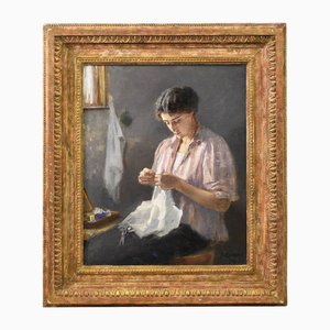 Alphonse Jules Debaene, Retrato de mujer cosiendo, óleo sobre lienzo, de principios del siglo XX, enmarcado