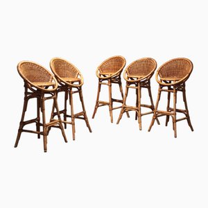 French Bohemian Style Bar Stools with Bamboo Frames, 1970, Set of 5
