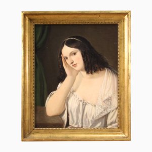 Artiste Italien, Portrait d'une Jeune Femme, 1850, Huile sur Toile, Encadrée