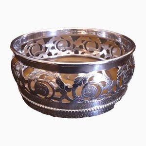 Antique German Bottle Coaster in Openwork Silver-Plated Metal with Turned Maple Base from WMF, 1910s