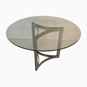 Mesa redonda con tablero de vidrio y estructura de metal al estilo de Carlo Scarpa, años 70