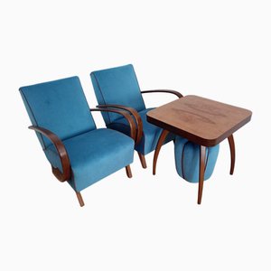 Vintage Armchairs with Spider Coffee Table and Stool from Up Závody, 1940, Set of 4