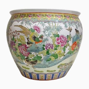 Maceta china vintage de porcelana con flores y pájaros