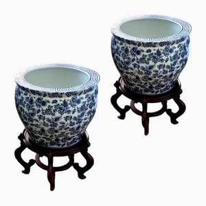 Vintage Chinese Porcelain Ceramic Flower Pots with Wood Stands, Set of 2