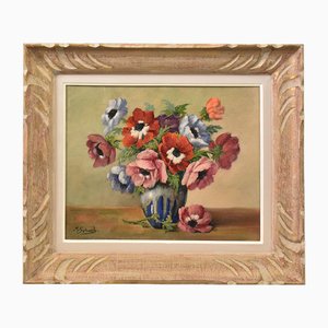 M.Schwab, Bouquet of Anemones, Oil on Canvas, 20th Century, Framed