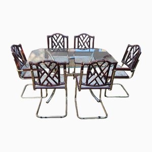 Italienische Vintage Esszimmerstühle und Tisch aus Messing, 1970er, 7 Set