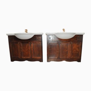 Mueble de lavabo vintage de madera de álamo con lavabo, años 60. Juego de 2