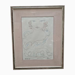 Edolo Masci, Portrait, Pencil and Colored Crayon Drawing, 1970s, Framed
