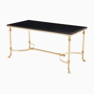 Neoclassical Coffee Table in Brass & Black Leather from Maison Charles, 1970s