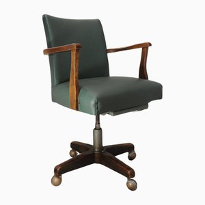 Mid-Century Pale Green Leather & Oak Rotating Desk Chair on Quatrefoil Base with Castors