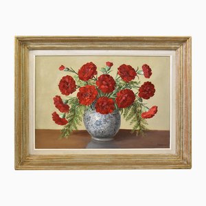 Primo Dolzan, Red Carnations, Oil on Canvas, 20th Century, Framed