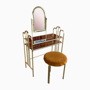 Vintage Dressing Table and Stool in Brass, 1950s, Set of 2