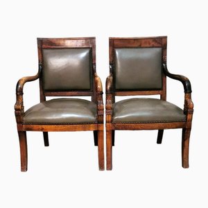 Antique French Charles X Style Master Chairs in Wood and Cuoio, 1830s, Set of 2