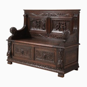 Renaissance Revival Oak Hall Bench with Hand-Carved Lions, 1890s