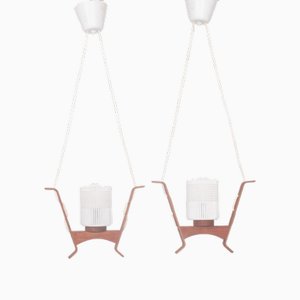 Small Scandinavian Teak and Glass Ceiling Lamps, Set of 2